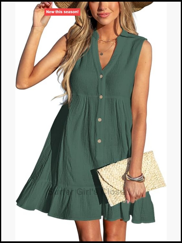 100% Cotton Ruffle Hem Sleeveless V Neck Beach Cover Up Dress